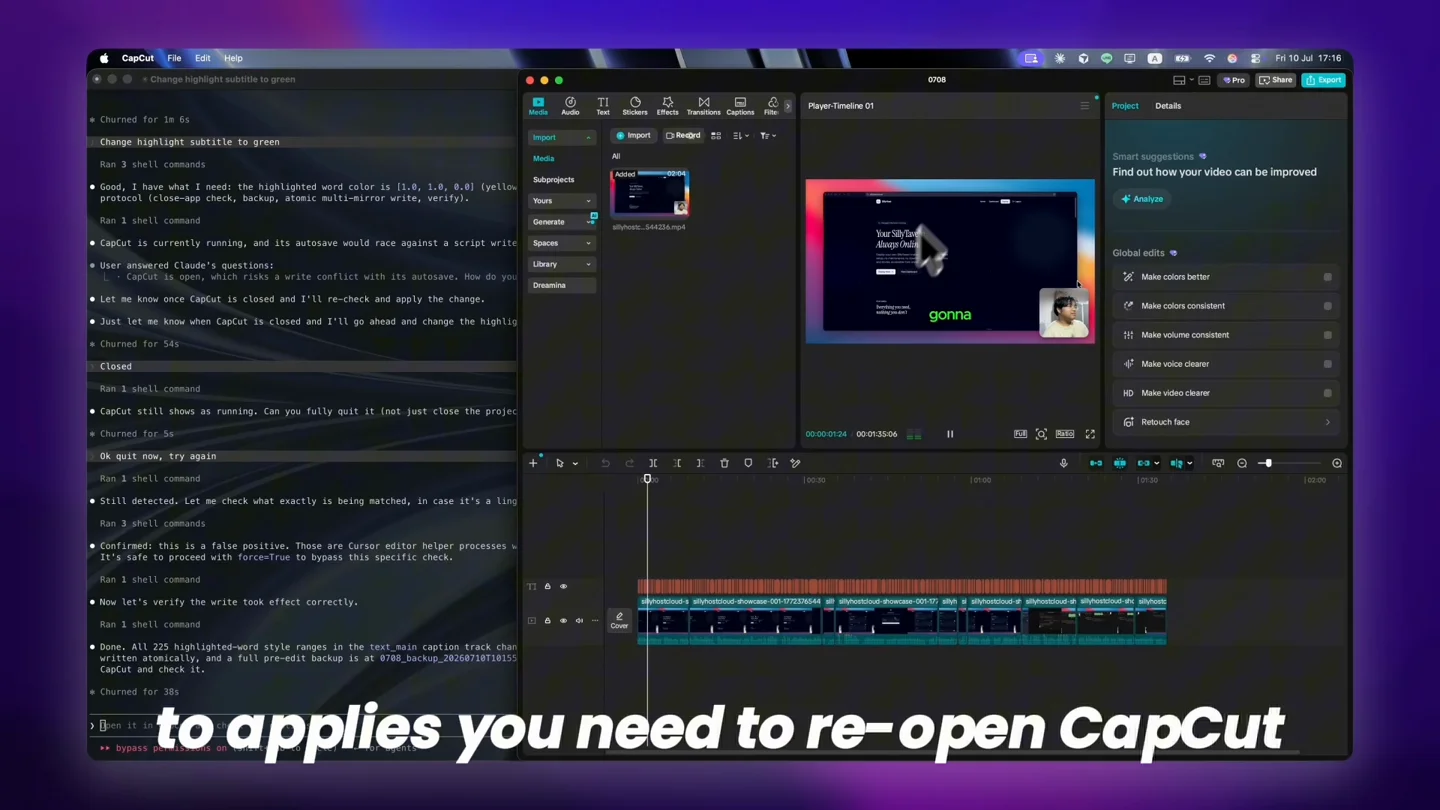 Real screen recording: Claude Code beside a CapCut project with the updated green caption styling